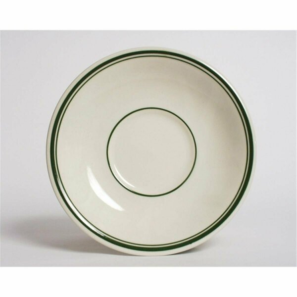Tuxton China Green Bay 6 in. Wide Rim Rolled Edge with Green Band Saucer Coupe - American White - 3 Dozen TGB-002
